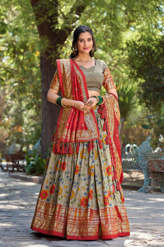 Grey Kalamkari Tussar Silk Lehenga Choli Set