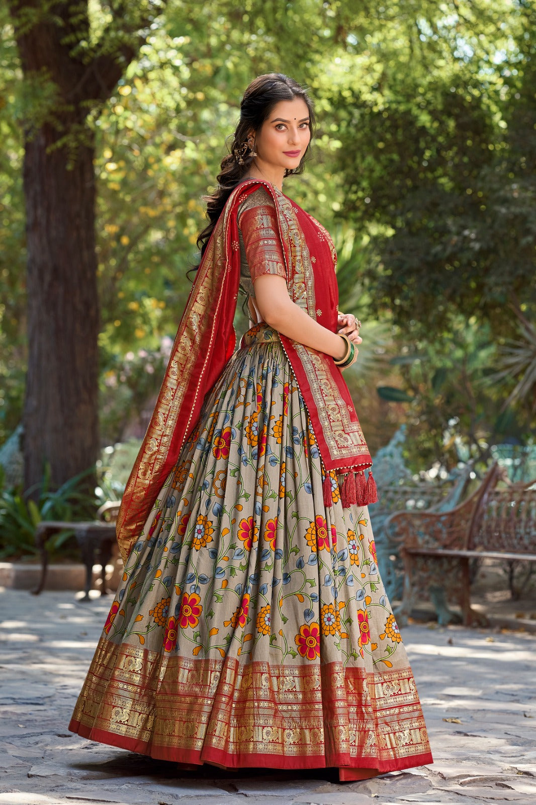 Grey Kalamkari Tussar Silk Lehenga Choli Set