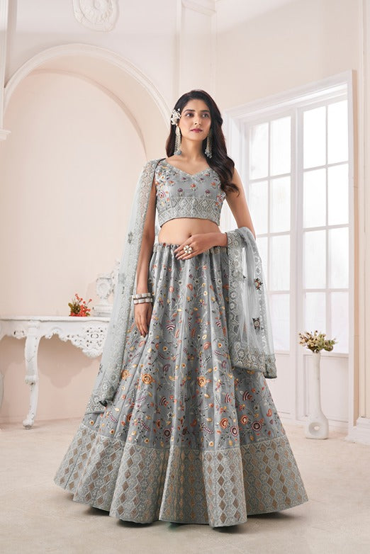 Designer Grey Lehenga Choli with Multicolor Thread Embroidery