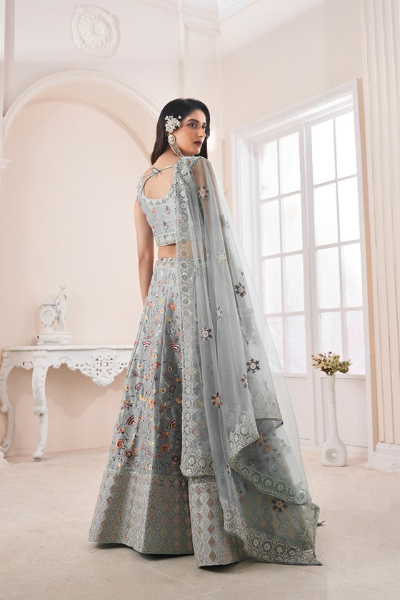 Designer Grey Lehenga Choli with Multicolor Thread Embroidery