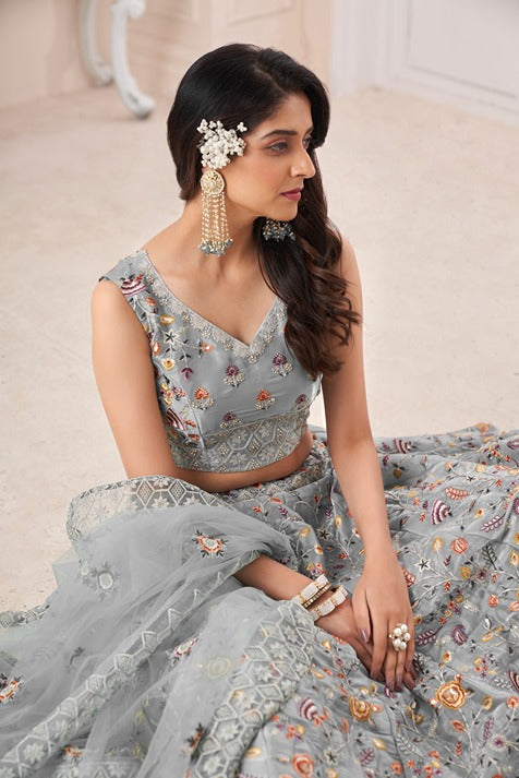 Designer Grey Lehenga Choli with Multicolor Thread Embroidery