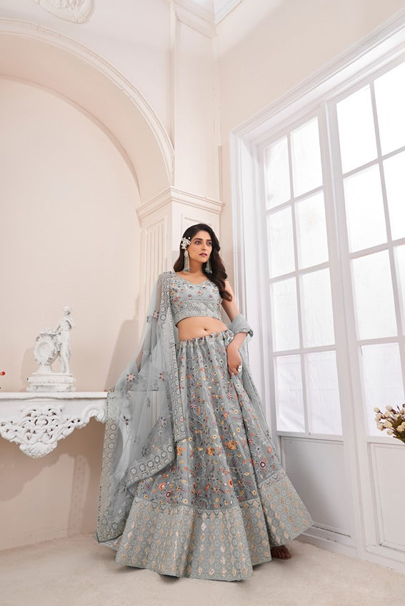 Designer Grey Lehenga Choli with Multicolor Thread Embroidery