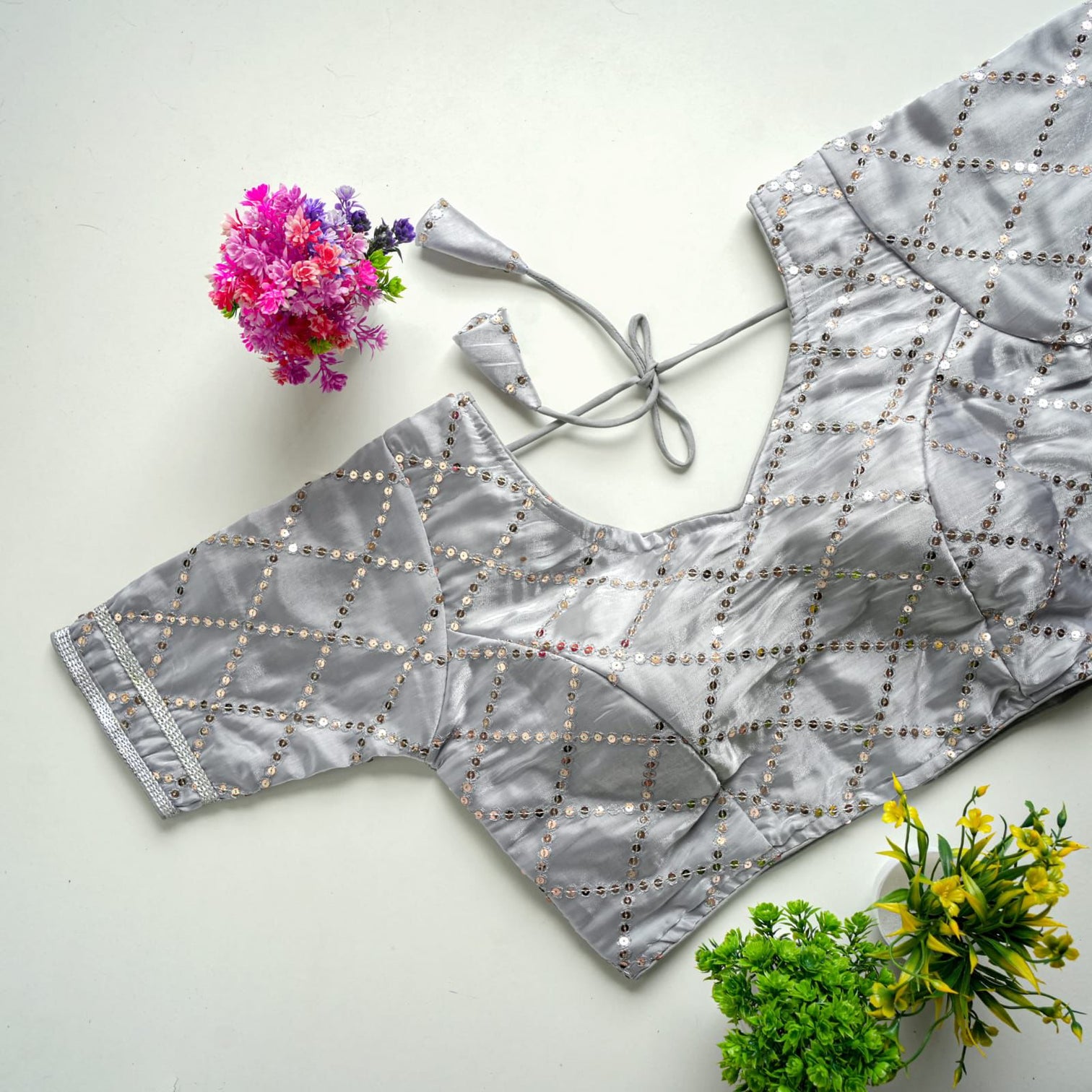 Grey Metalic Blouse with Exquisite Sequence Embroidery