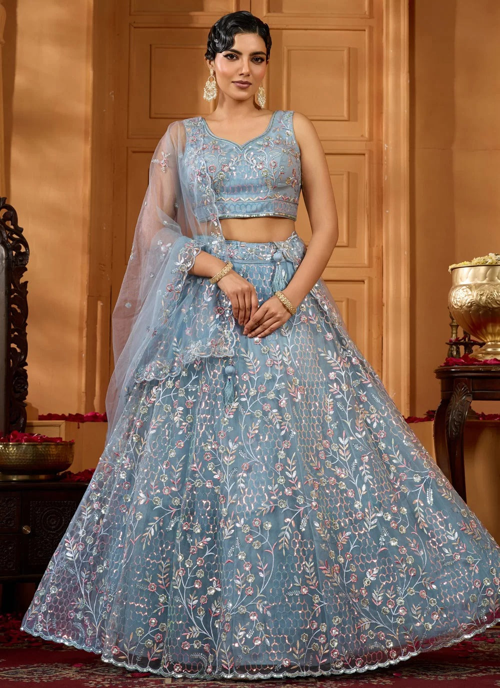 Grey net evening lehenga choli with sweetheart blouse for reception parties