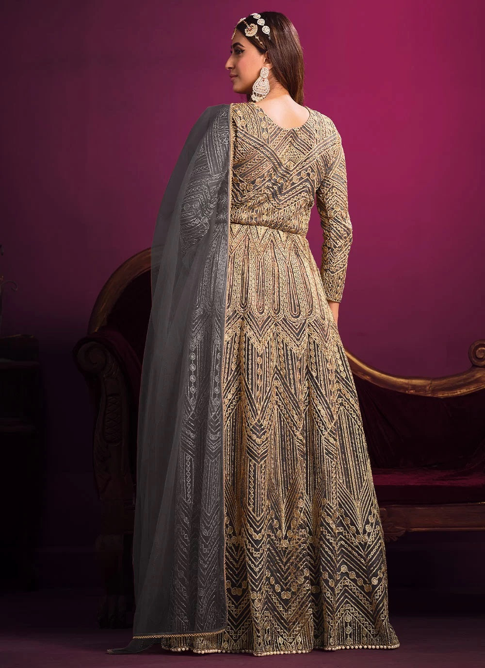 Grey net heavy embroidered anarkali