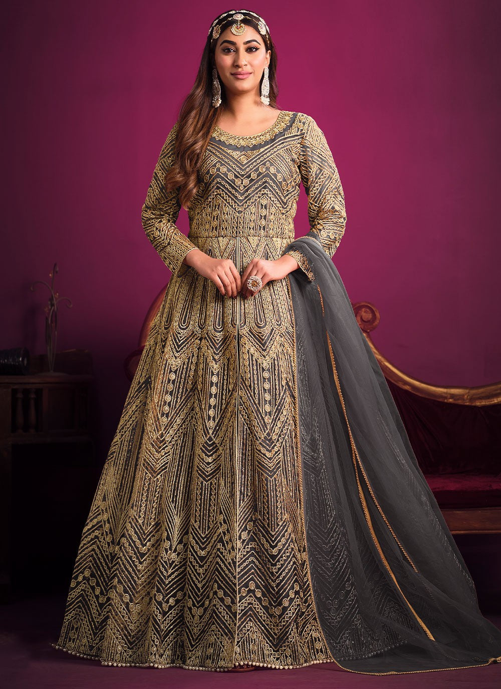 Grey net heavy embroidered anarkali
