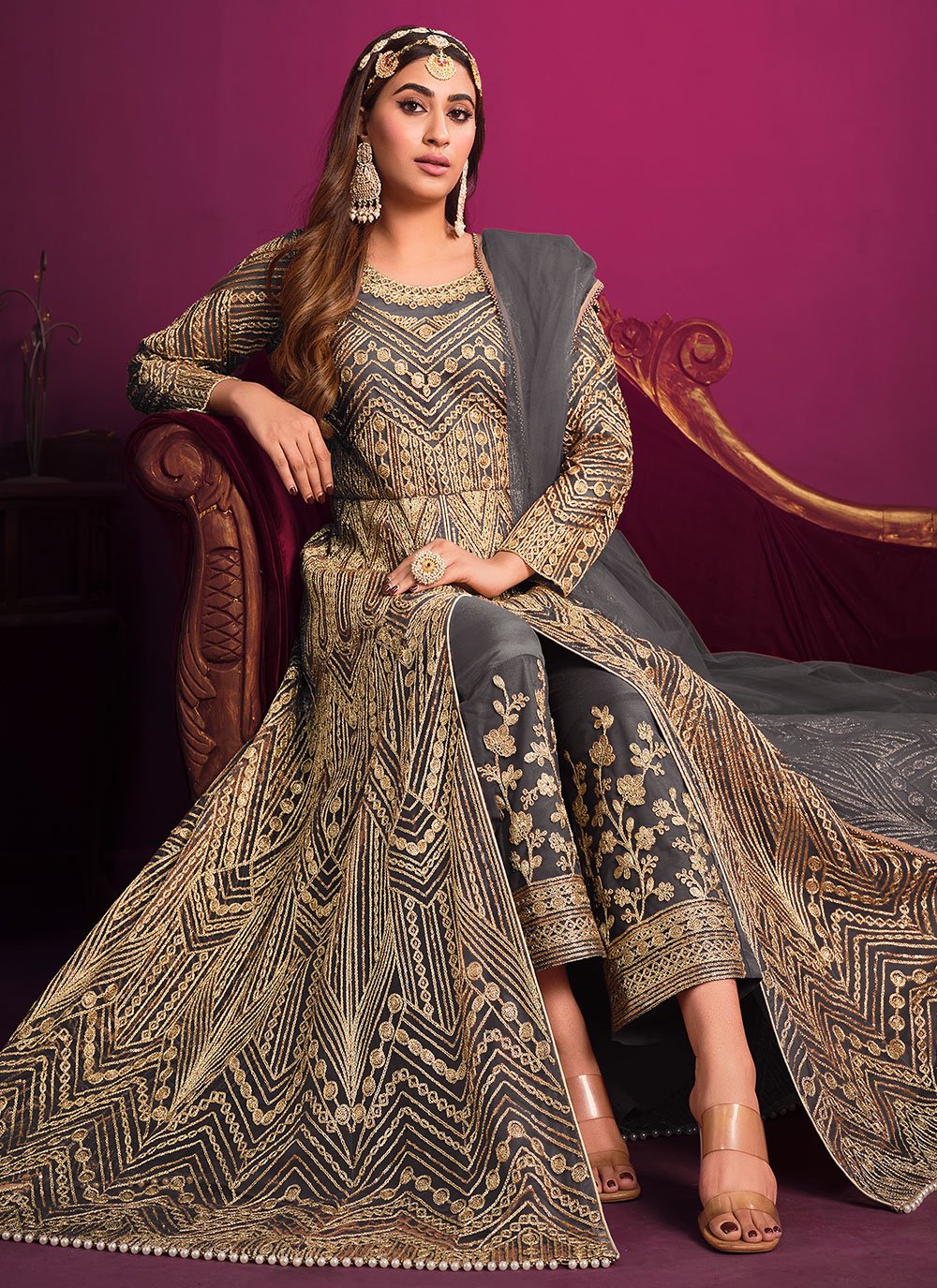 Grey net heavy embroidered anarkali