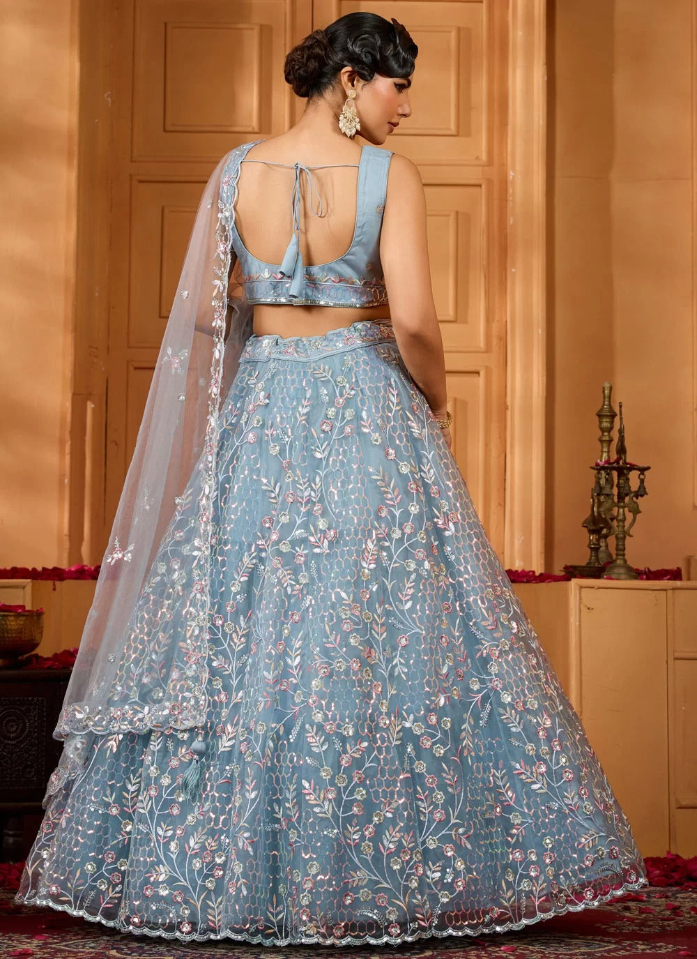 Grey net evening lehenga choli with sweetheart blouse for reception parties
