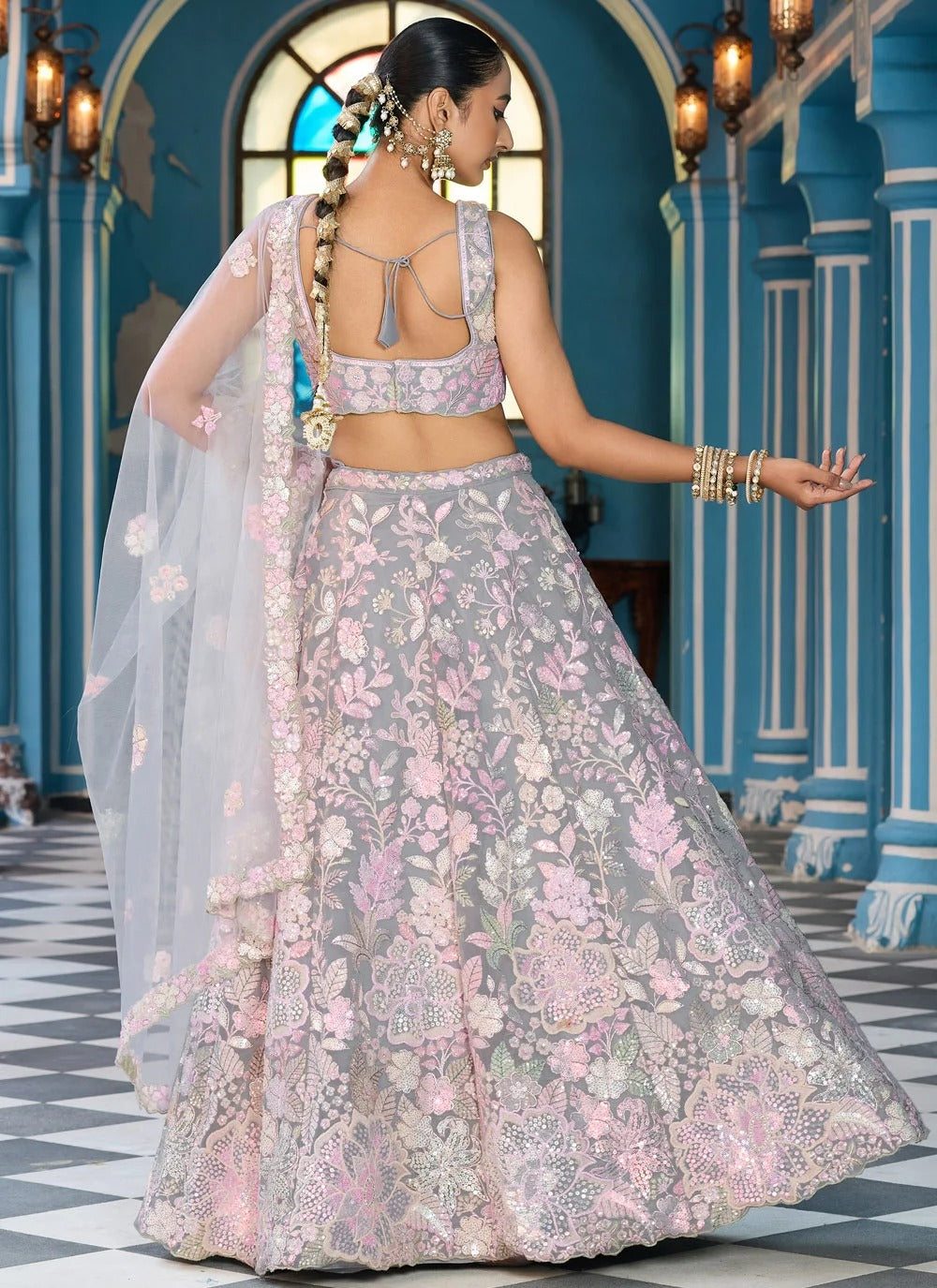Grey cocktail lehenga with sequins stone coding embroidery work