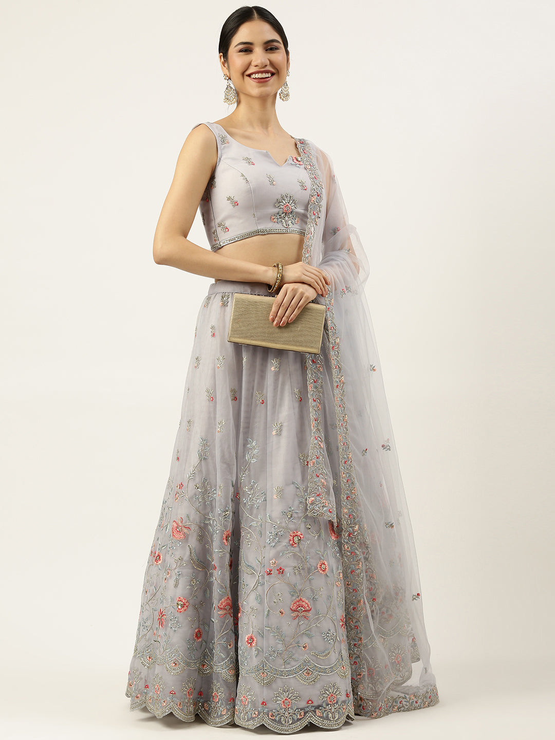 Grey Net Sequinse Work Semi-Stitched Lehenga & Unstitched Blouse, Dupatta