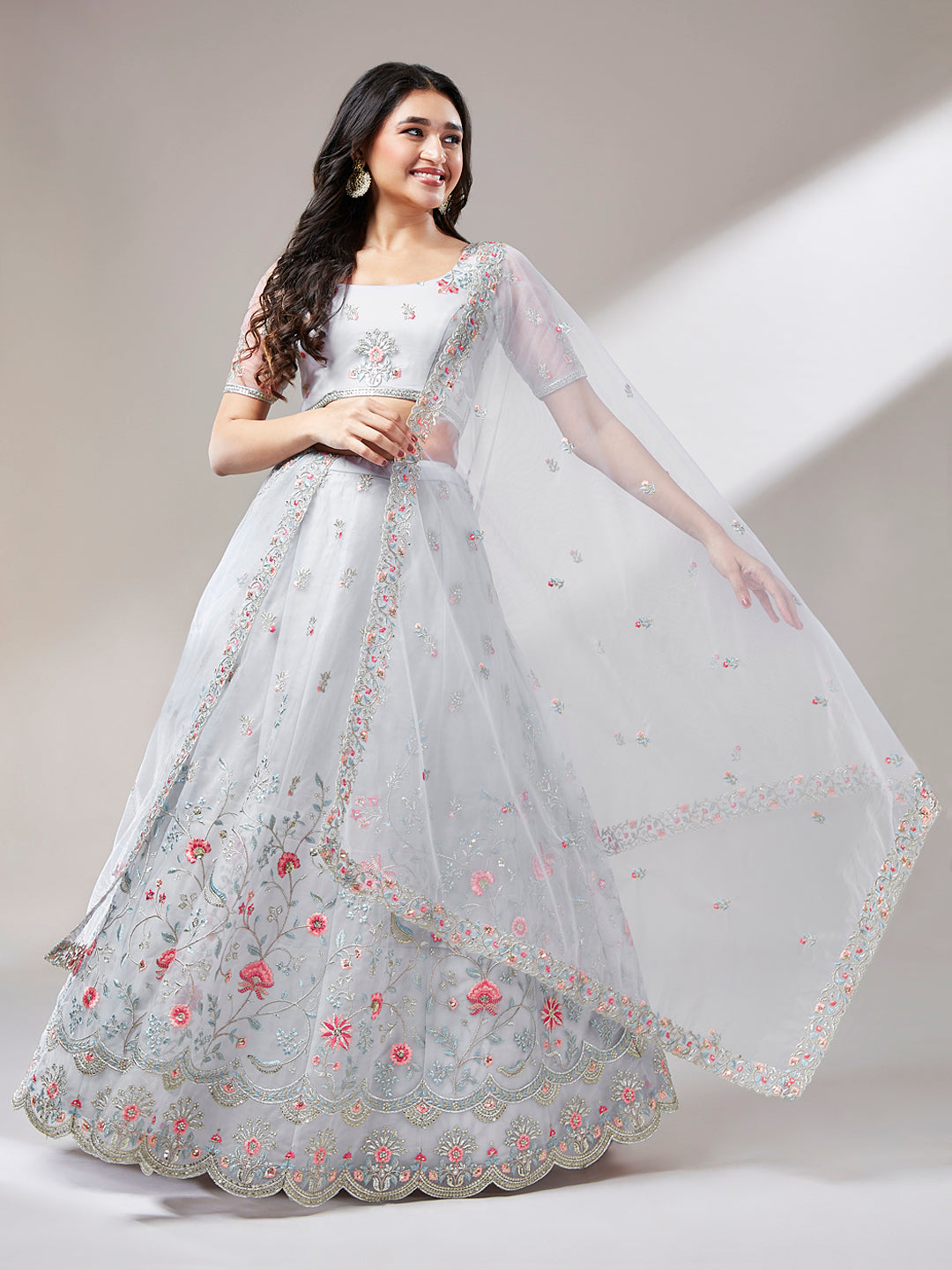 Grey Net Sequinse Work Semi-Stitched Lehenga & Unstitched Blouse, Dupatta