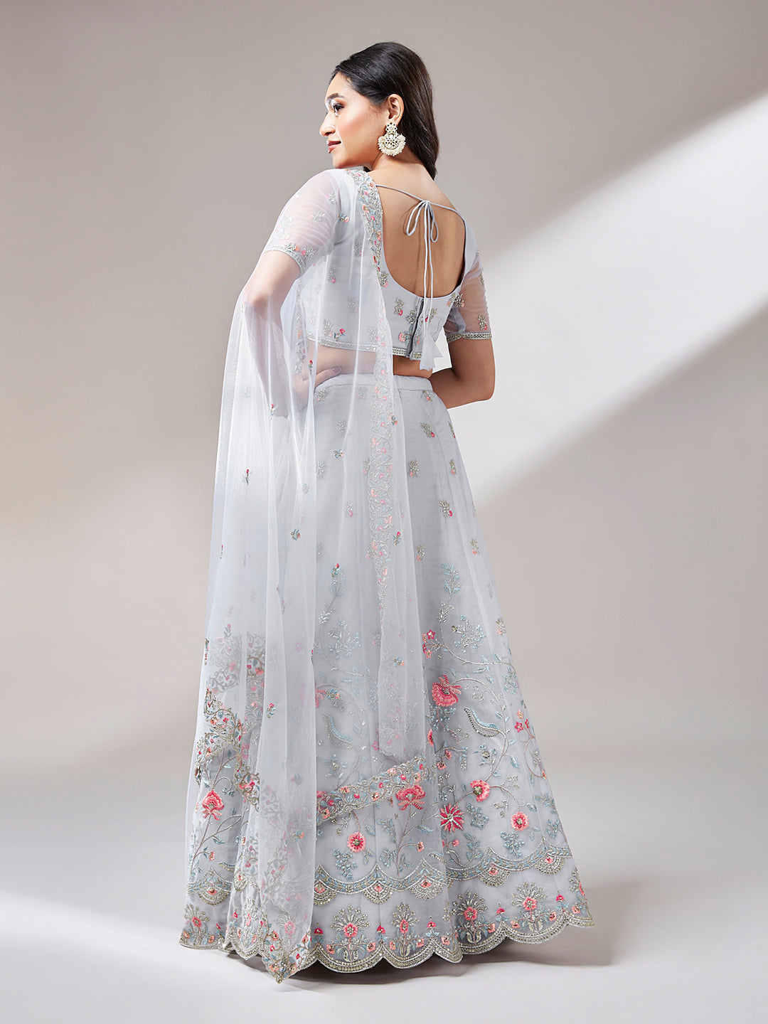 Grey Net Sequinse Work Semi-Stitched Lehenga & Unstitched Blouse, Dupatta
