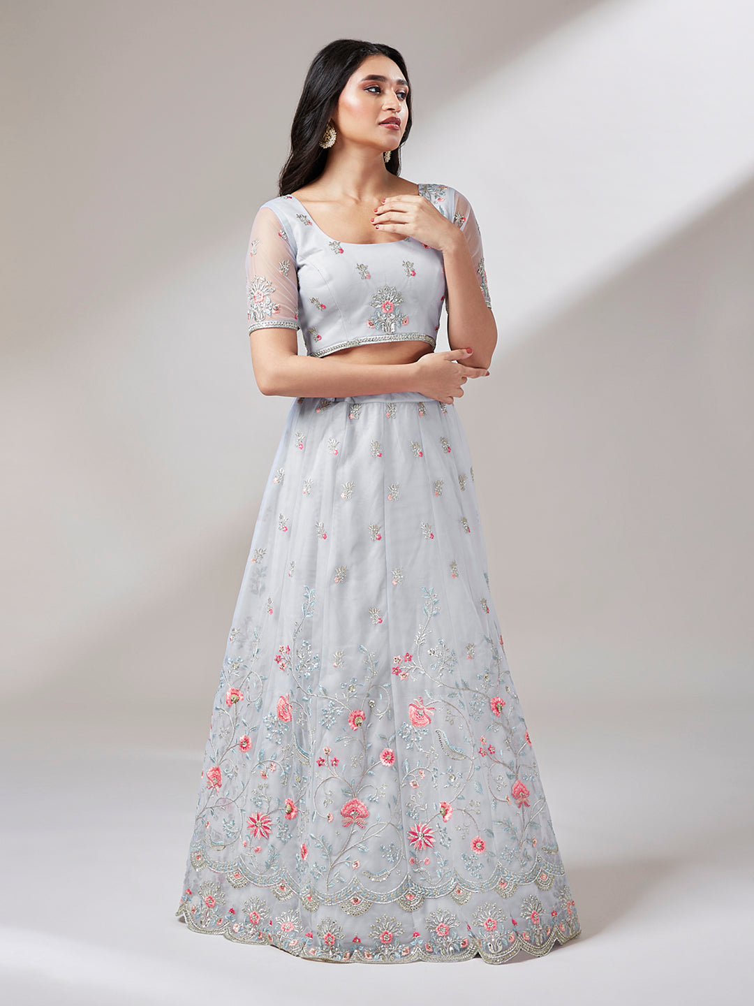 Grey Net Sequinse Work Semi-Stitched Lehenga & Unstitched Blouse, Dupatta