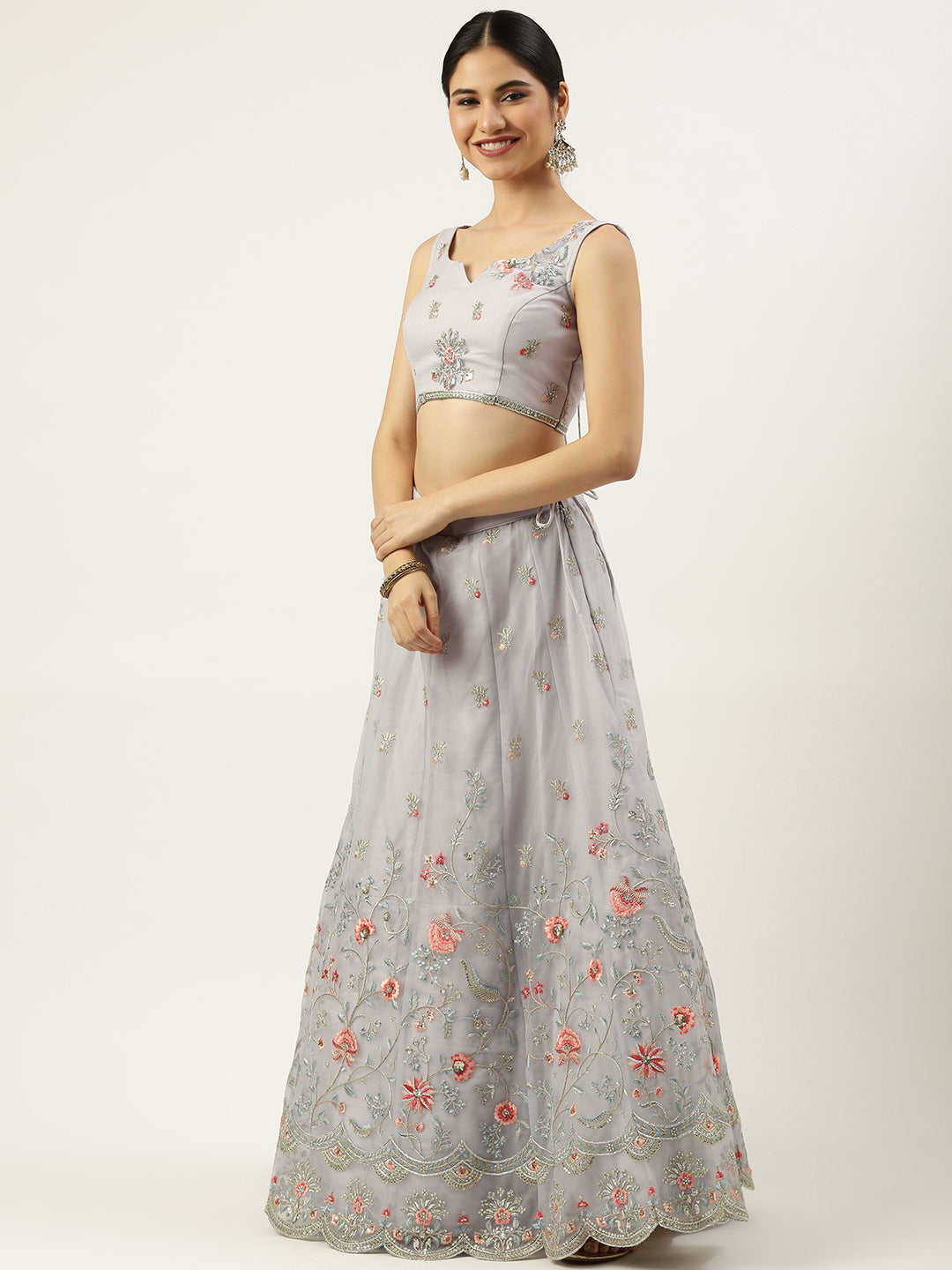 Grey Net Sequinse Work Semi-Stitched Lehenga & Unstitched Blouse, Dupatta