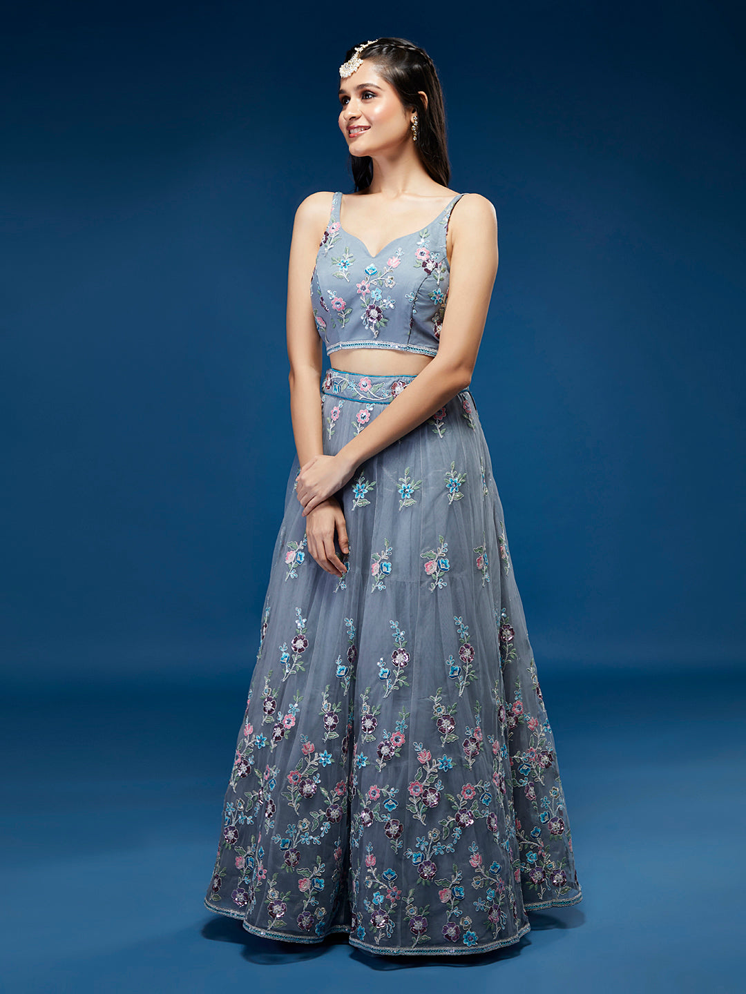 Grey Net Sequinse Work Semi-Stitched Lehenga & Unstitched Blouse, Dupatta
