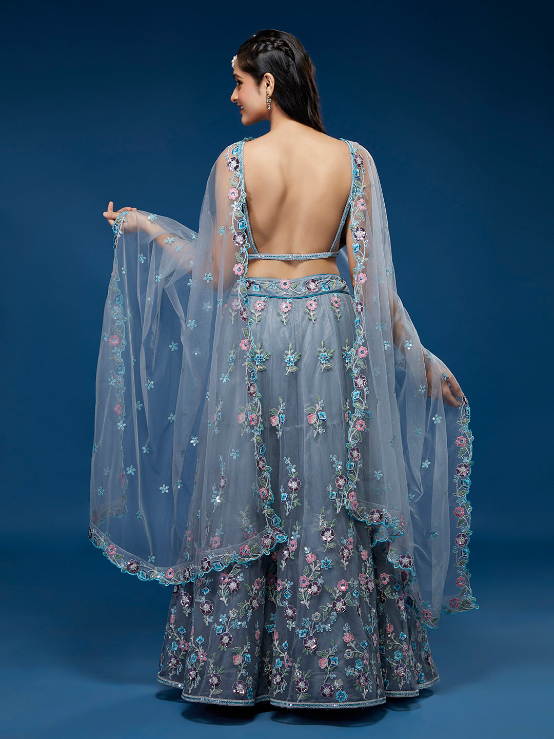 Grey Net Sequinse Work Semi-Stitched Lehenga & Unstitched Blouse, Dupatta