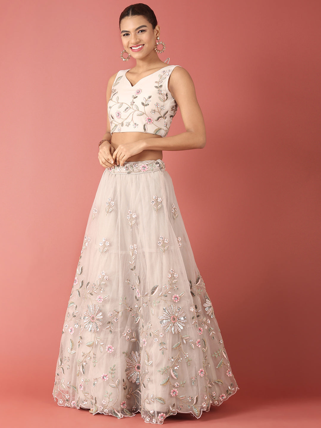 Grey Net Sequinse Work Semi-Stitched Lehenga & Unstitched Blouse, Dupatta