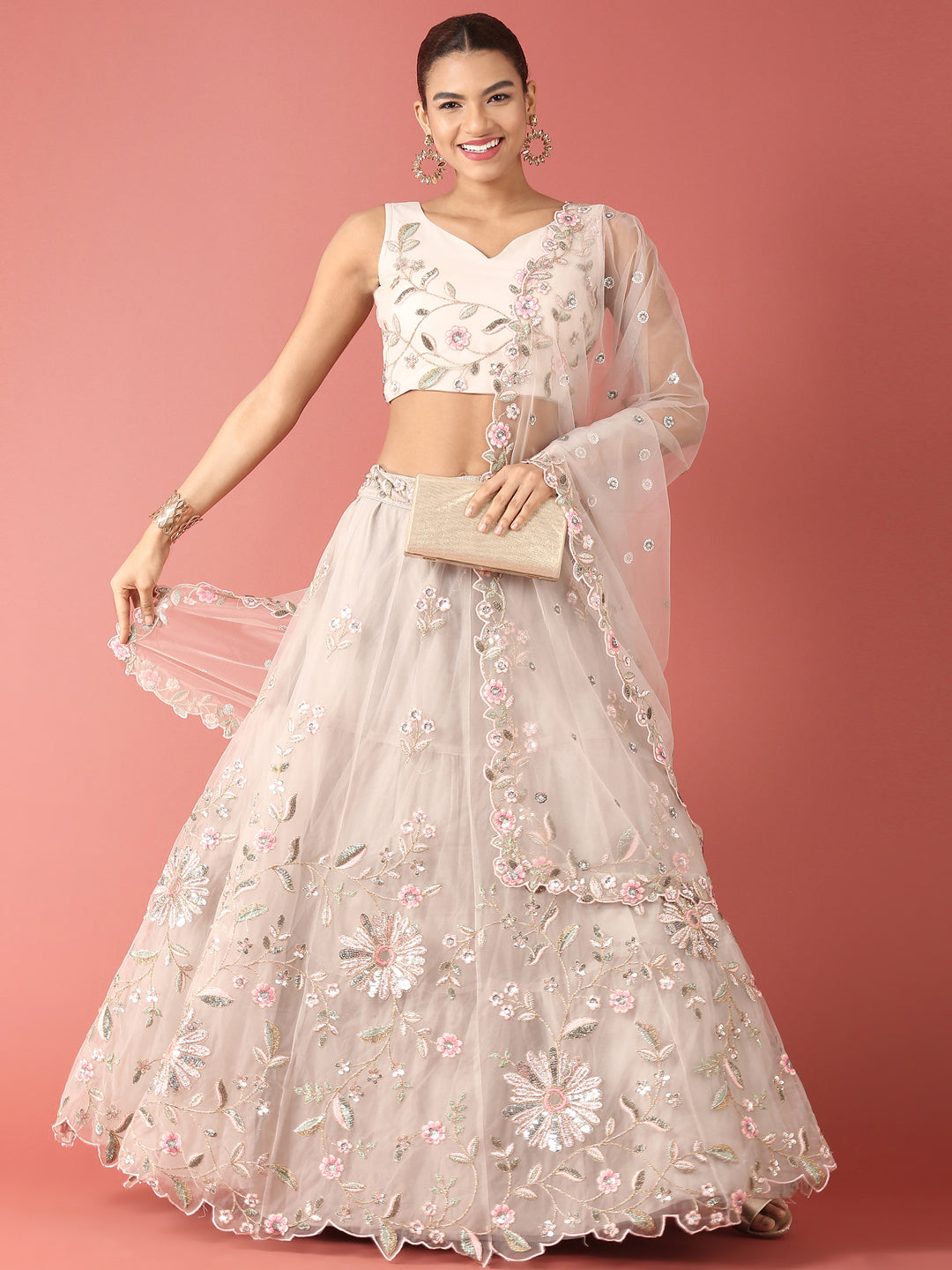 Grey Net Sequinse Work Semi-Stitched Lehenga & Unstitched Blouse, Dupatta