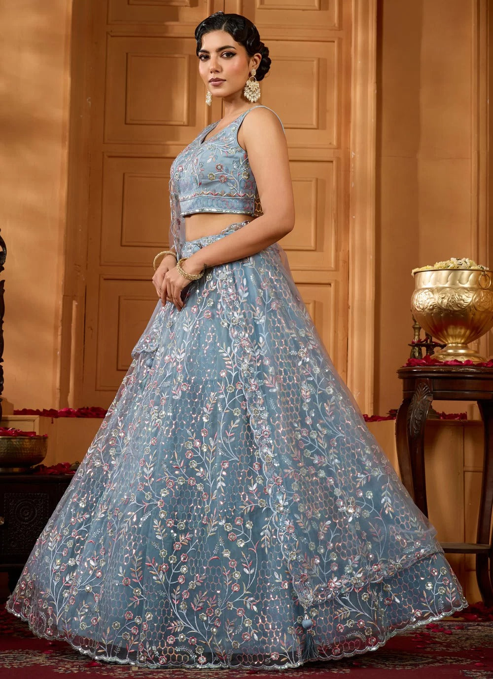 Grey net evening lehenga choli with sweetheart blouse for reception parties