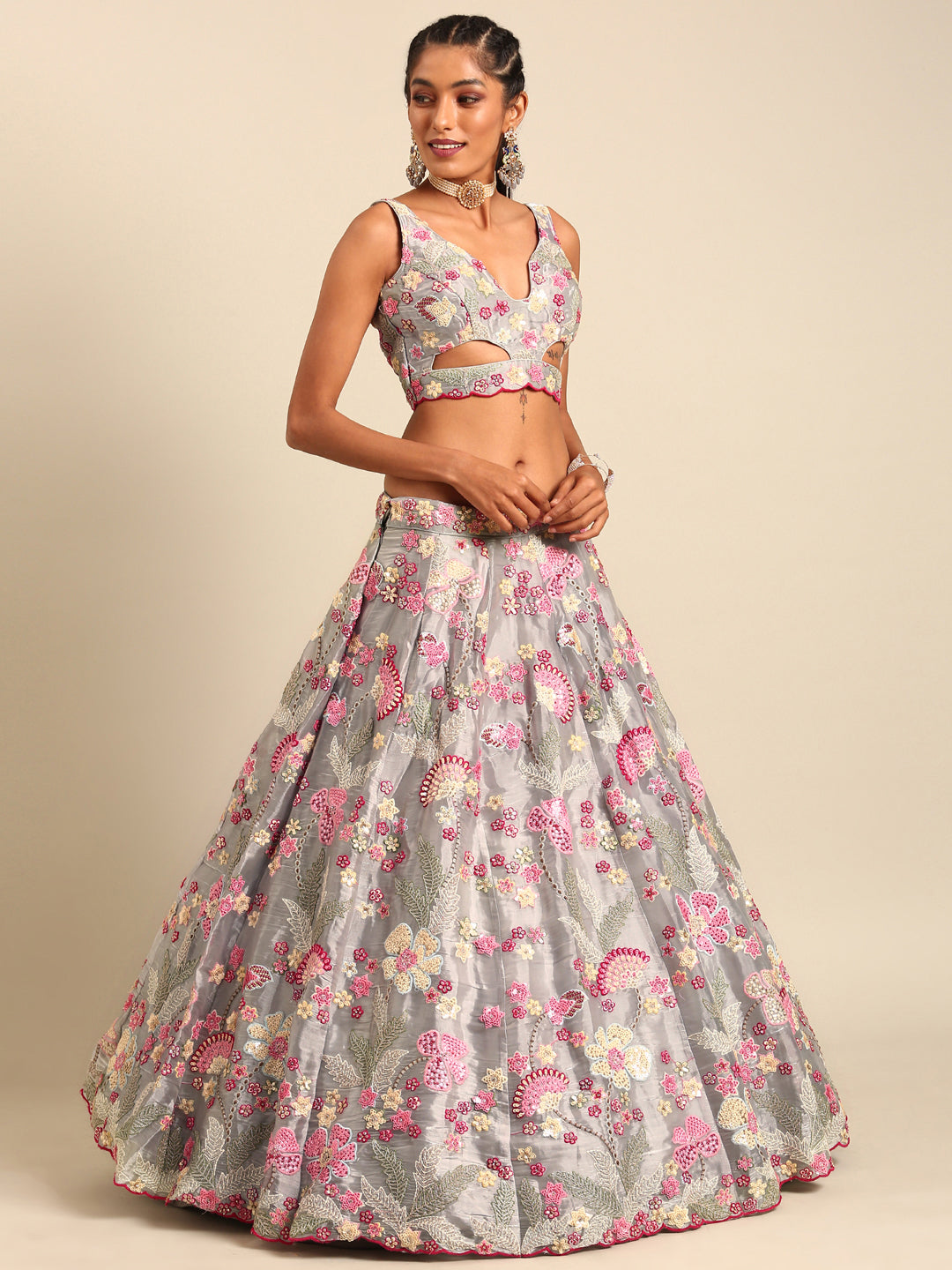 Grey Organza Sequin Lehenga Choli Set with Zari Embroidery