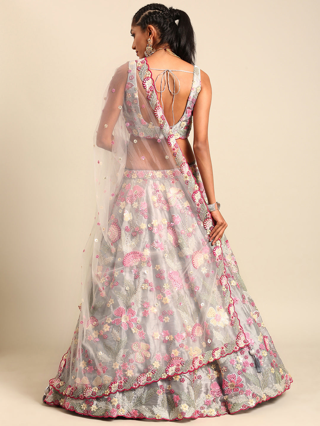 Grey Organza Sequin Lehenga Choli Set with Zari Embroidery