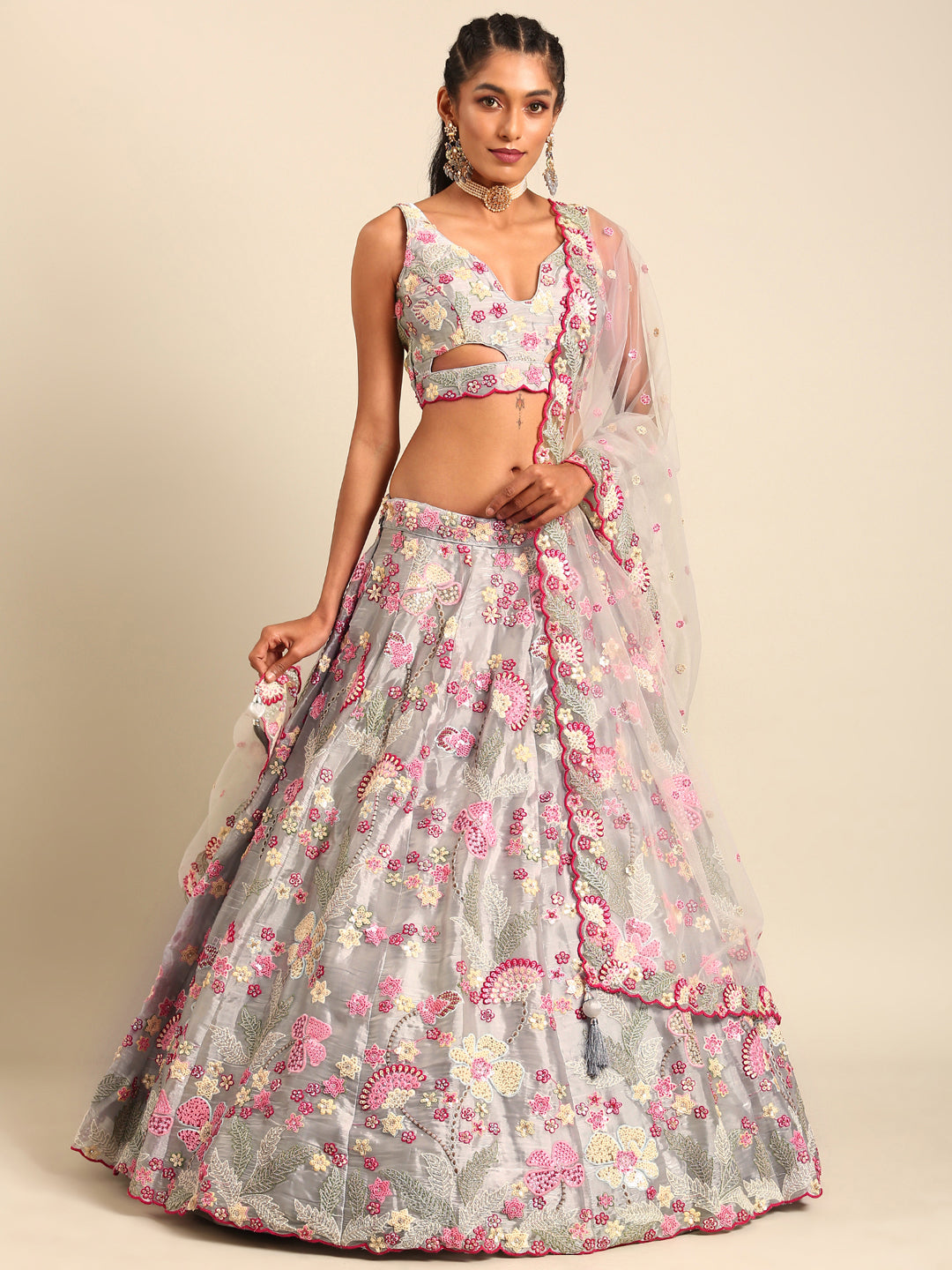 Grey Organza Sequin Lehenga Choli Set with Zari Embroidery