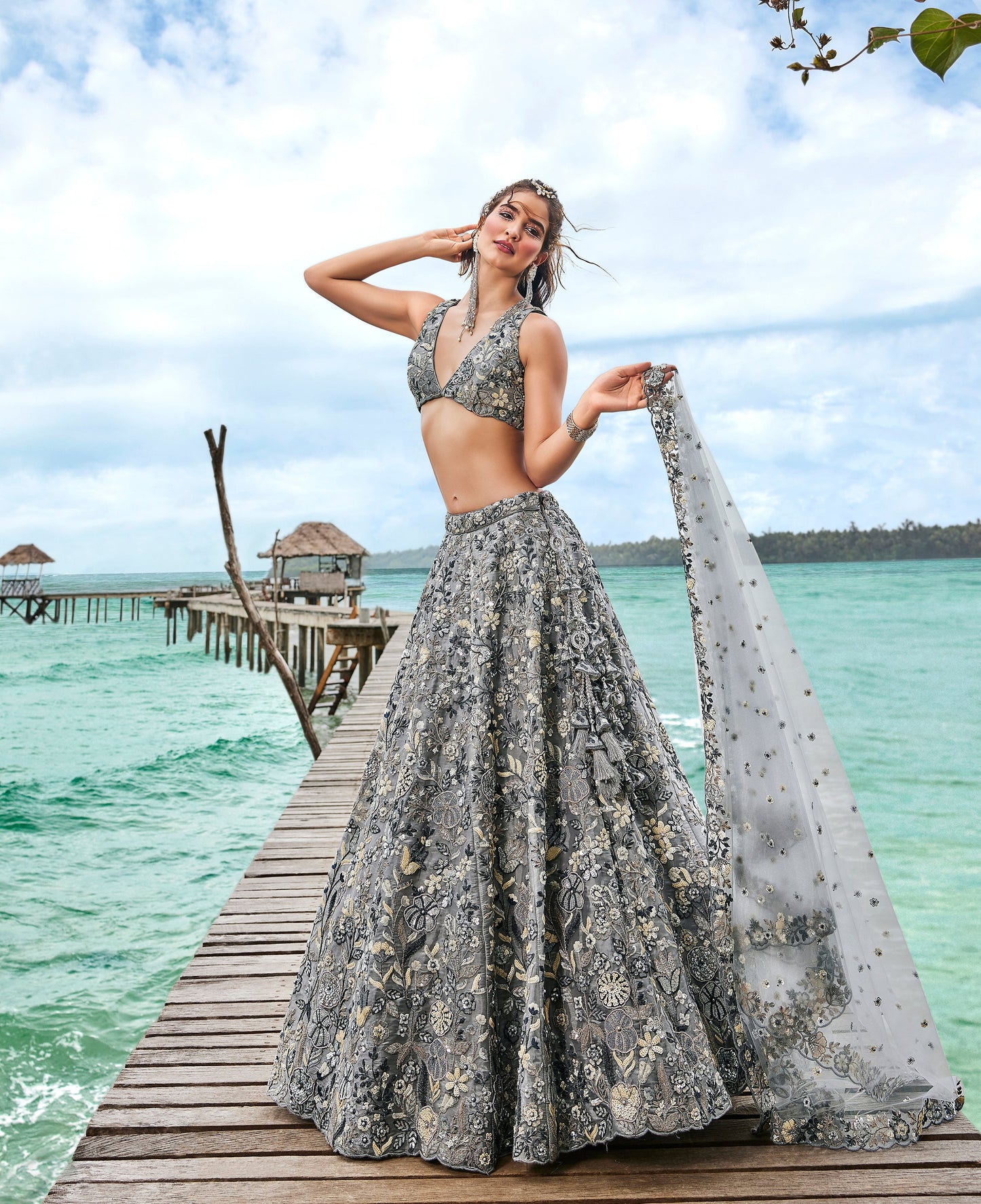 Grey Organza Sequins, Moti and thread embroidery Semi-Stitched Lehenga choli & Dupatta | and, choli, dupatta, embroidered, embroiderey, embroideried, embroidery, Embroidery Work, grey, High-quality embroidery, lehenga, moti, organza, semi-stitched, sequins, thread, Thread Embroidery Work, THREAD WORK, threadwork | MarMera