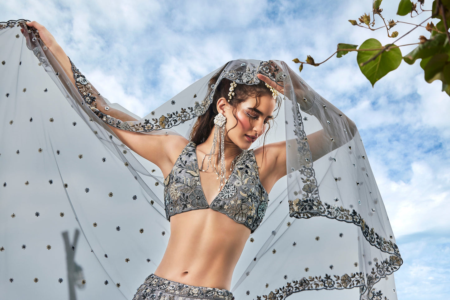 Grey Organza Sequins, Moti and thread embroidery Semi-Stitched Lehenga choli & Dupatta