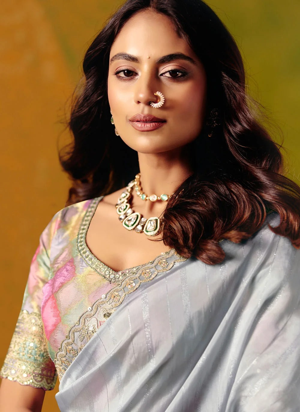 Grey designer party wear saree in smooth zari silk with ready blouse
