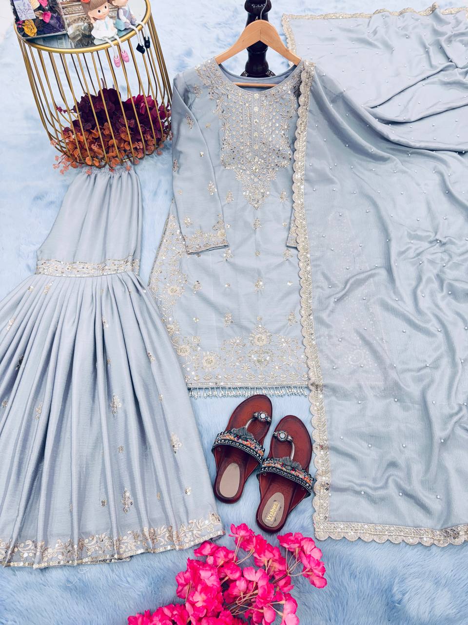 Grey Premium Designer Party Wear Chinon Silk Top, Plazzo & Dupatta Set