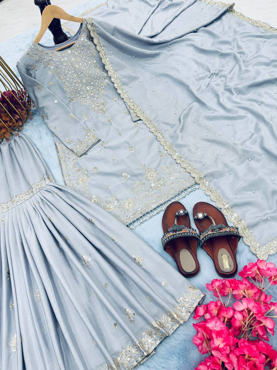 Grey Premium Designer Party Wear Chinon Silk Top, Plazzo & Dupatta Set