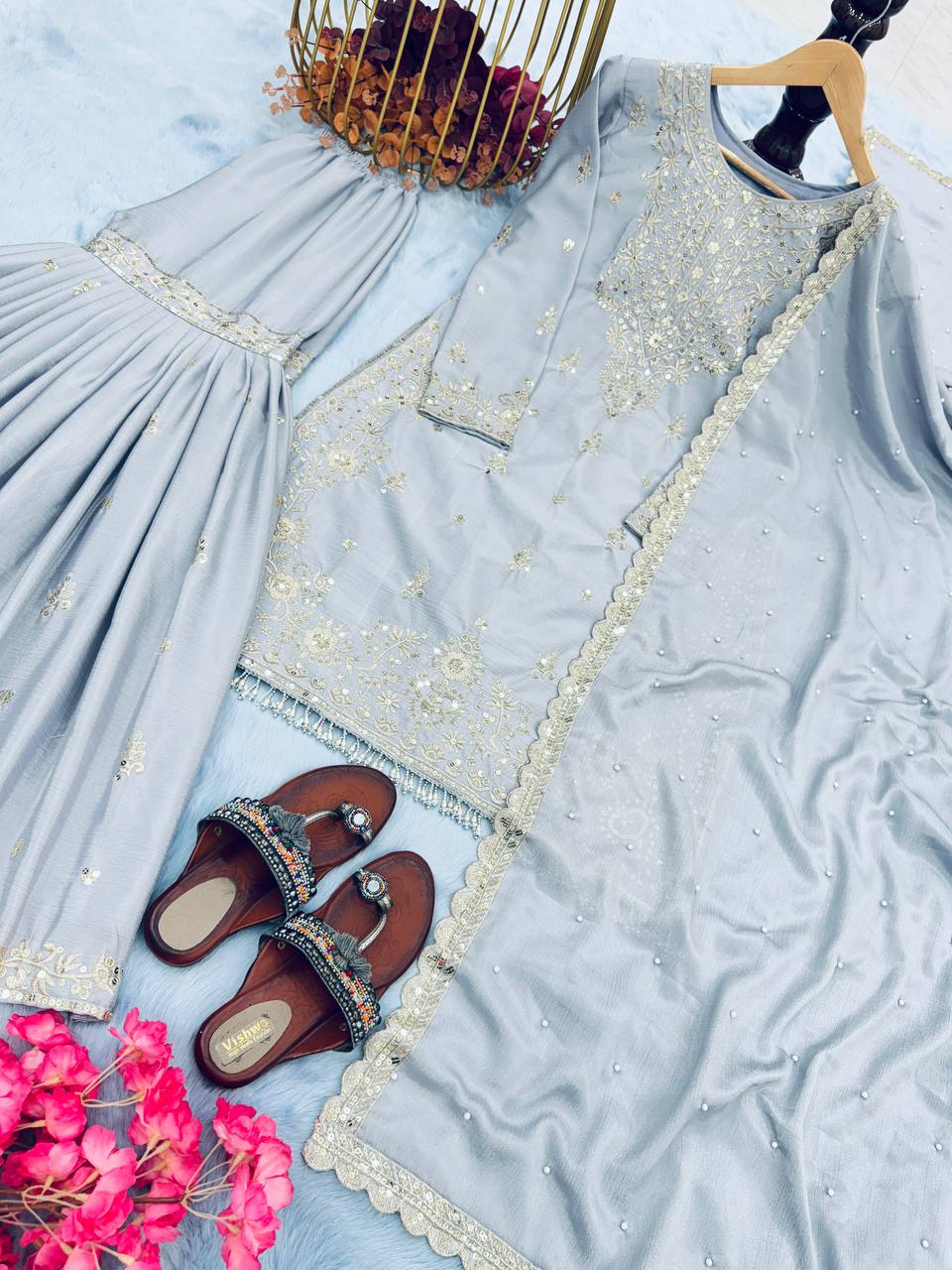 Grey Premium Designer Party Wear Chinon Silk Top, Plazzo & Dupatta Set