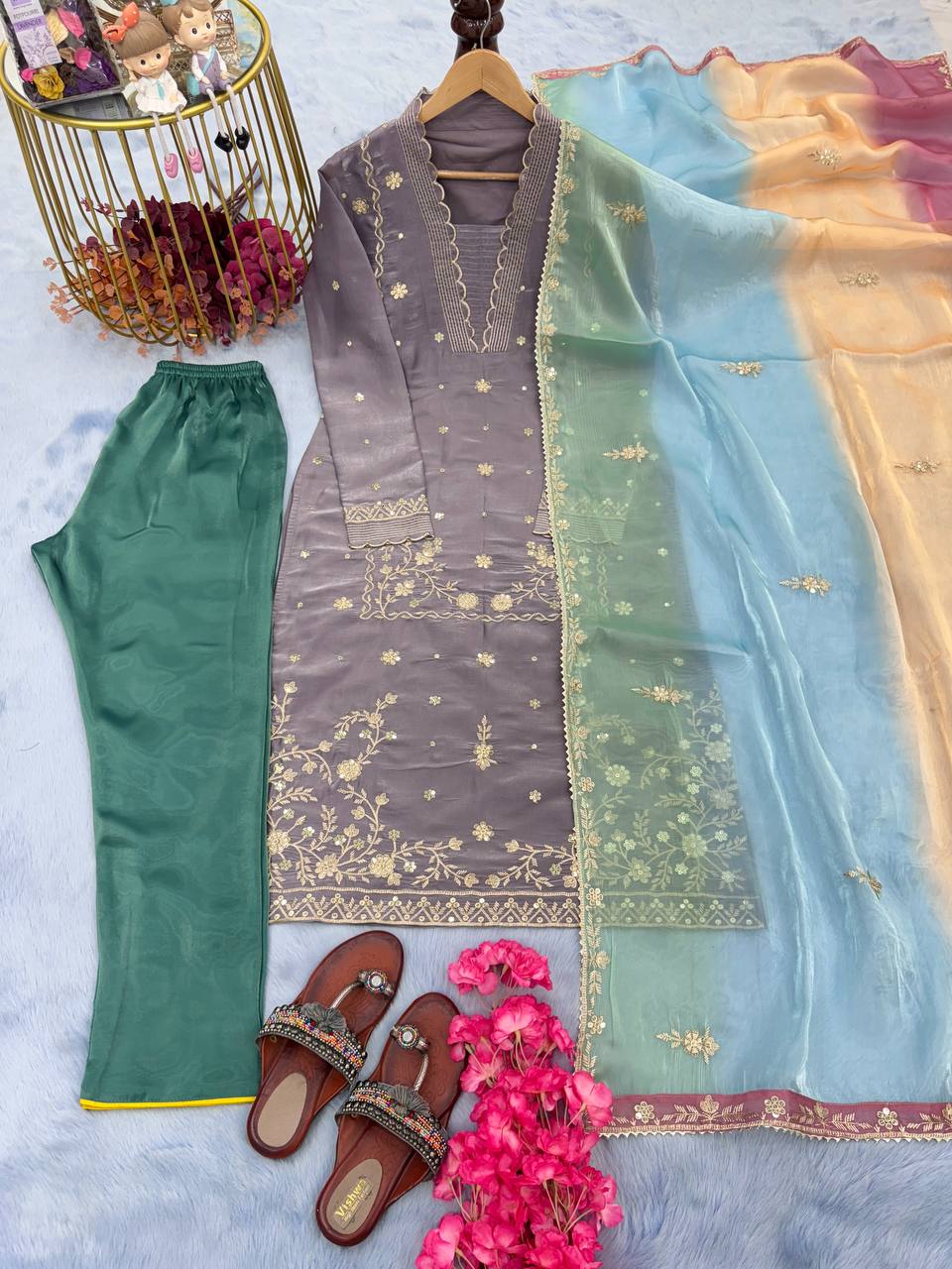 Grey Premium Designer Party Wear Top, Bottom & Multi Colour Dupatta Set