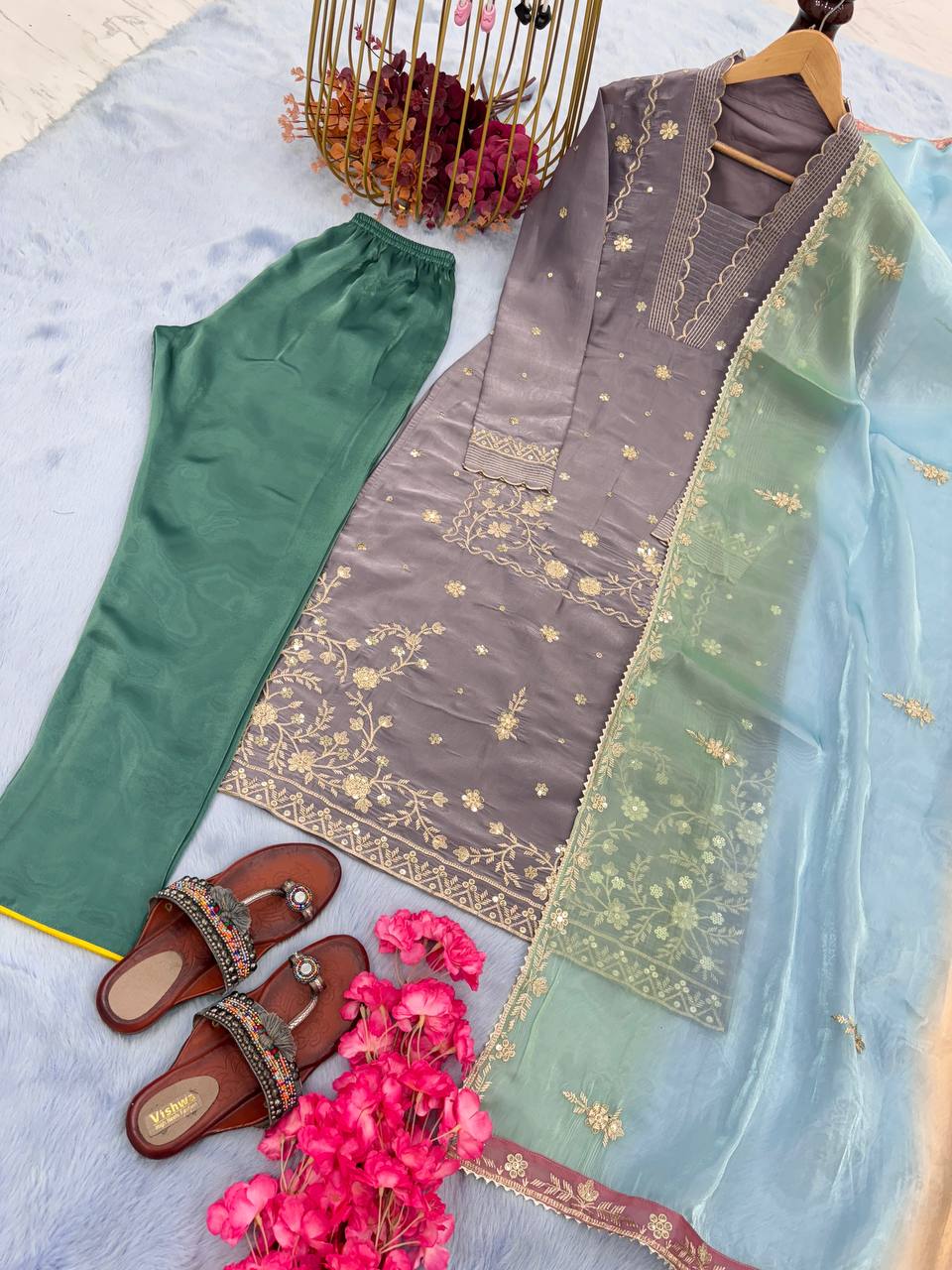 Grey Premium Designer Party Wear Top, Bottom & Multi Colour Dupatta Set