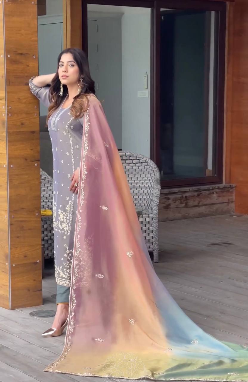 Grey Premium Designer Party Wear Top, Bottom & Multi Colour Dupatta Set
