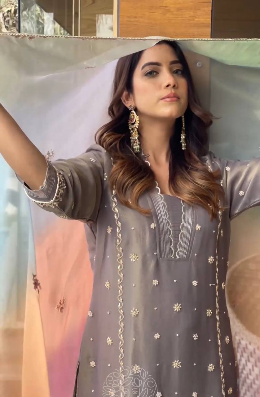 Grey Premium Designer Party Wear Top, Bottom & Multi Colour Dupatta Set