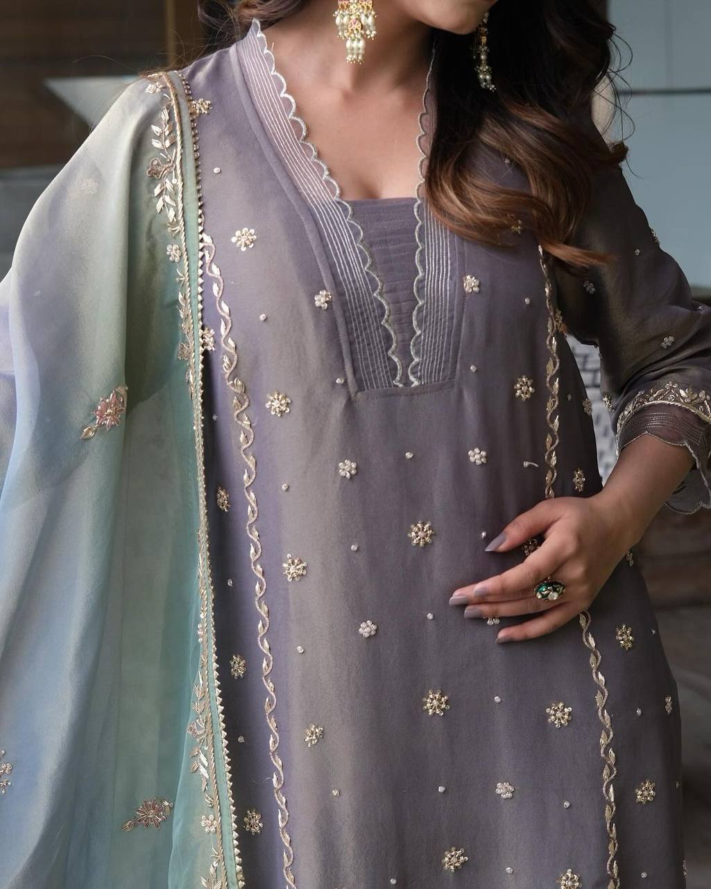 Grey Premium Designer Party Wear Top, Bottom & Multi Colour Dupatta Set