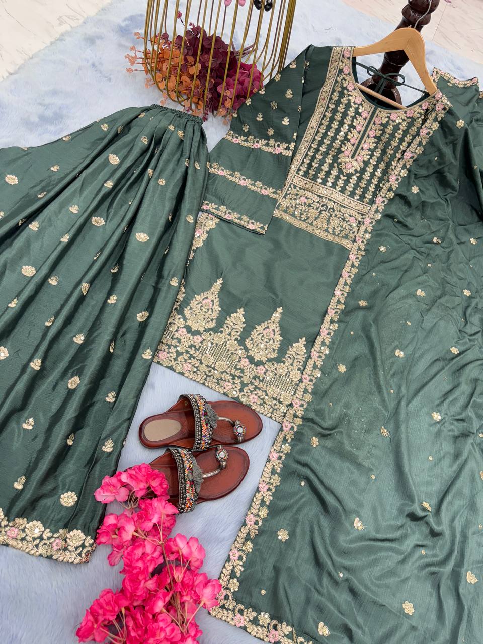 Grey Premium Designer Readymade Top-Plazzo Set with Dupatta
