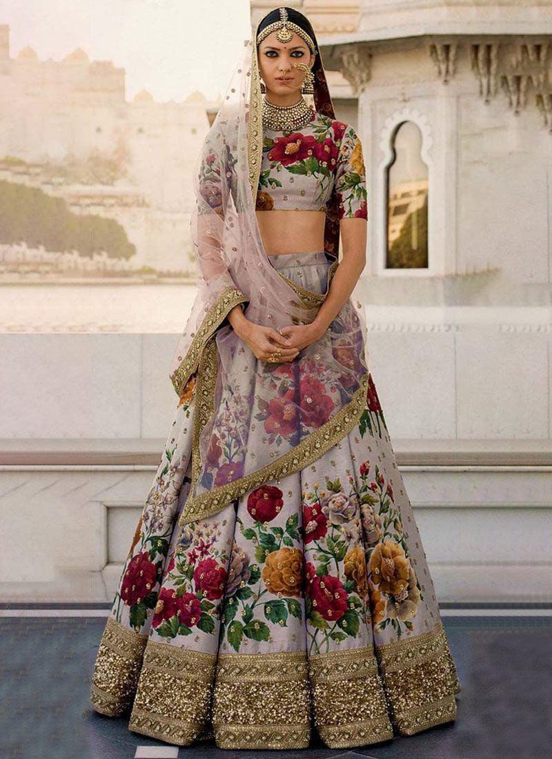 Grey Printed Pearl Work Heavily Drape Lehenga Choli Set