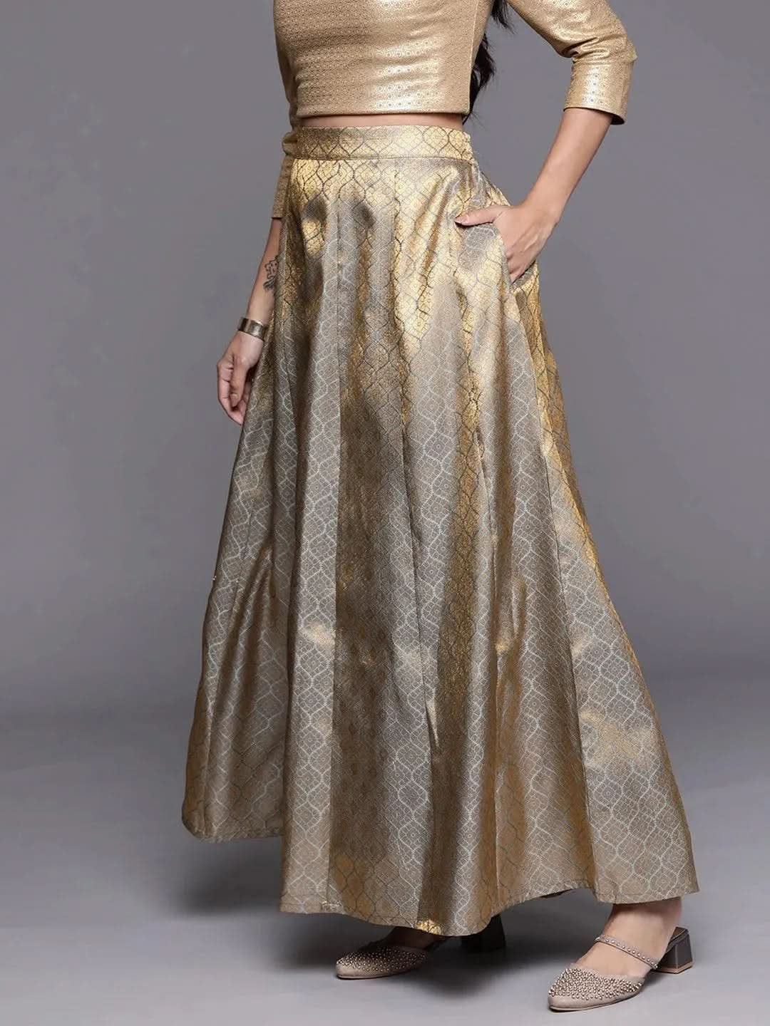 Libas Grey Self Design Brocade Skirt