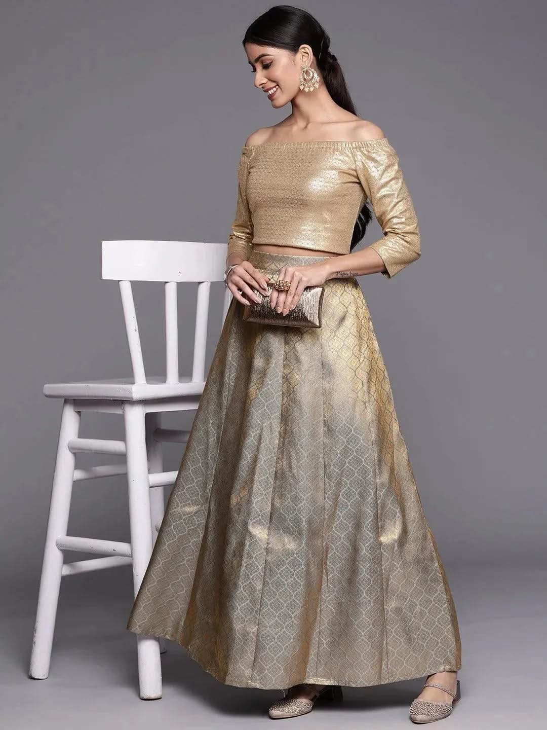 Libas Grey Self Design Brocade Skirt