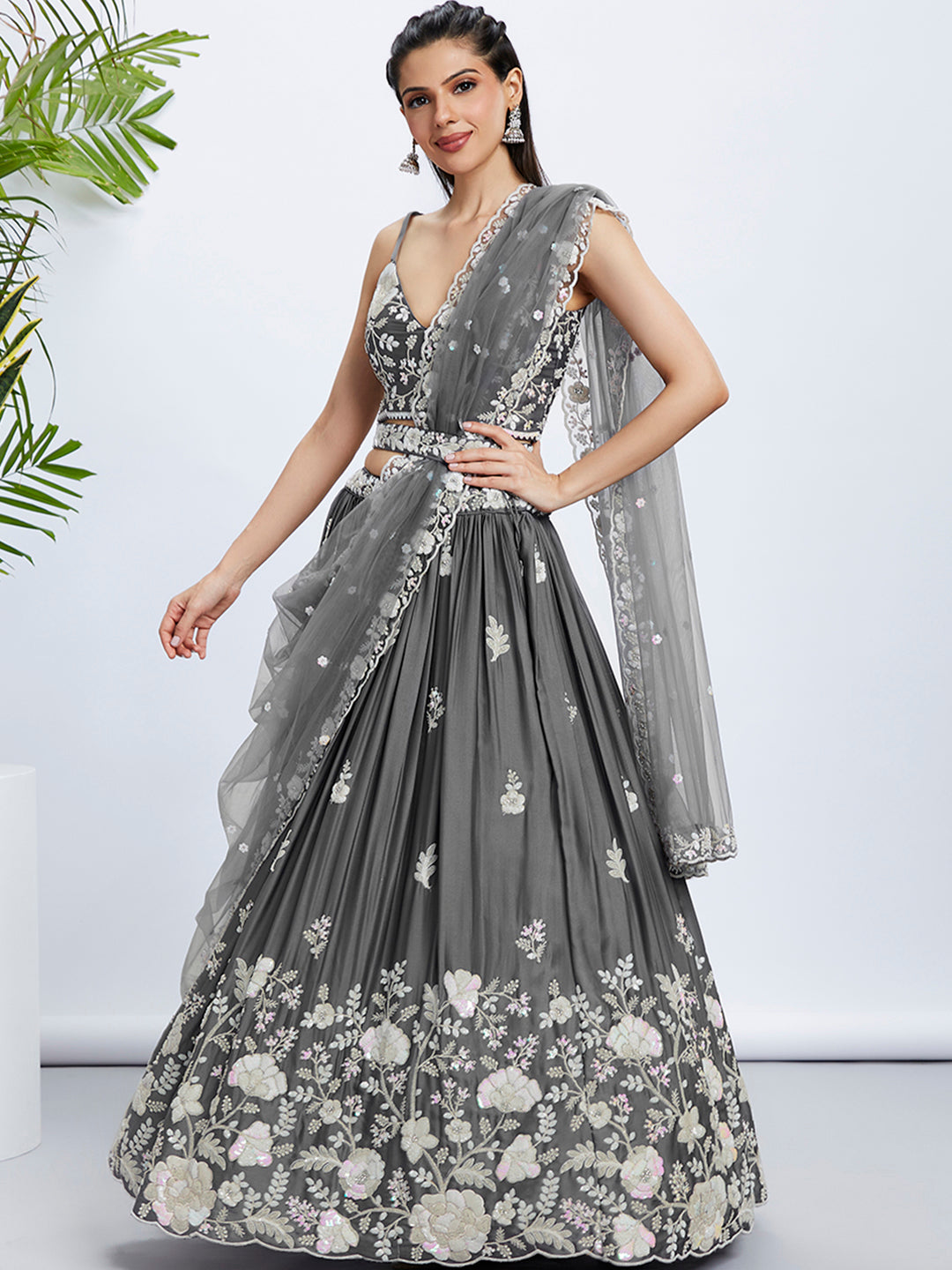 Grey Sequinned Lehenga Choli Set with Thread Embroidery