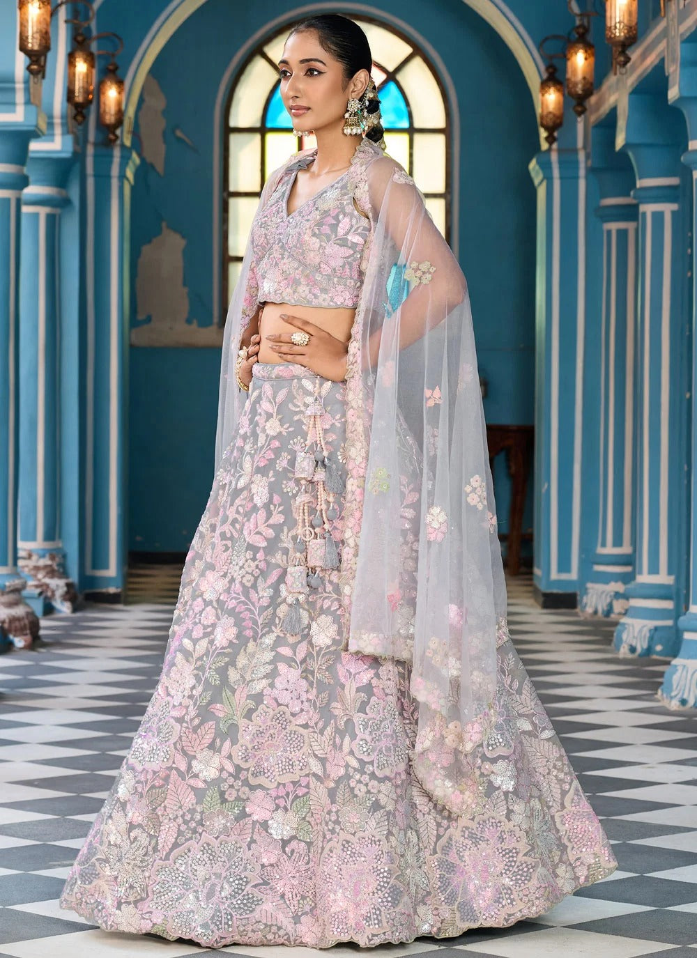 Grey cocktail lehenga with sequins stone coding embroidery work
