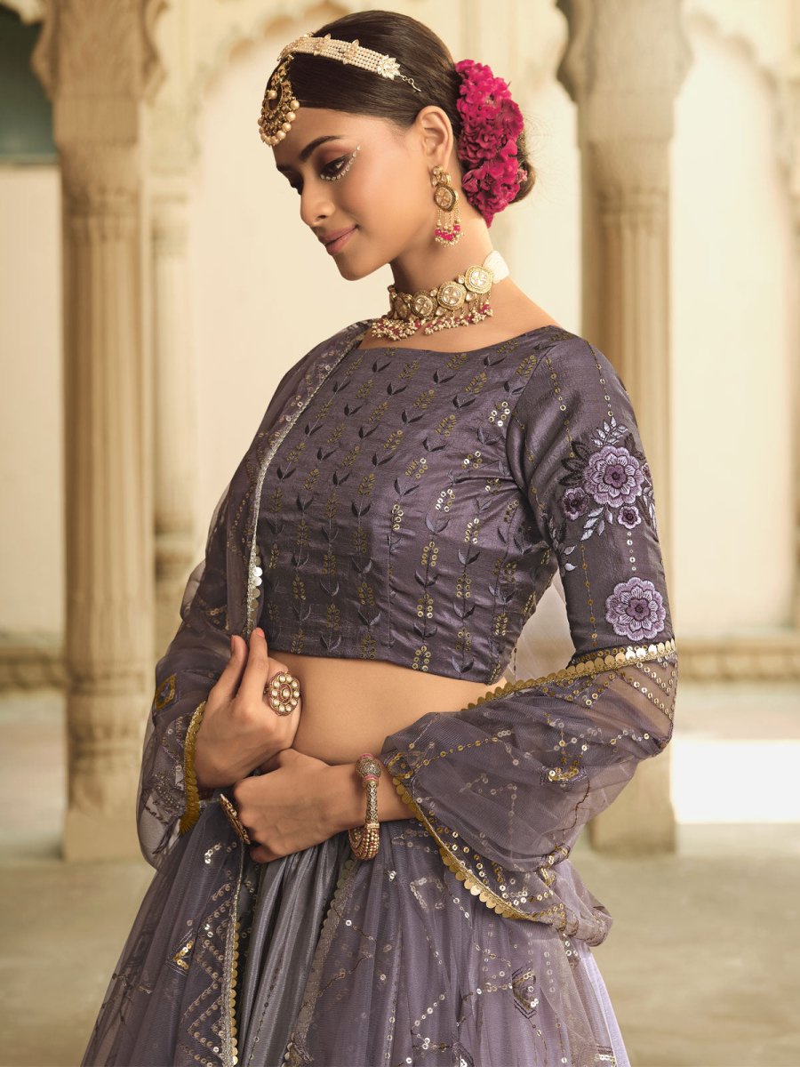 Grey Silk Embroidered Lehenga Choli