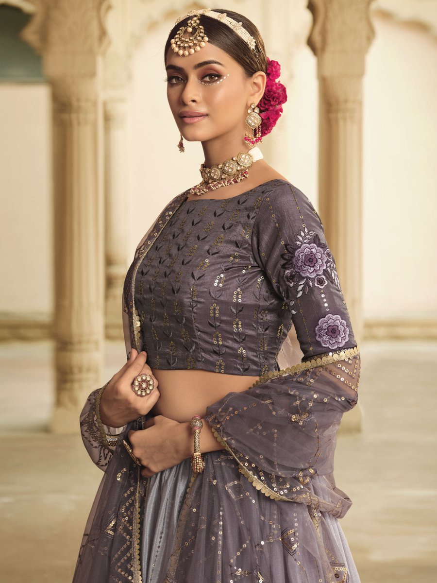 Grey Silk Embroidered Lehenga Choli