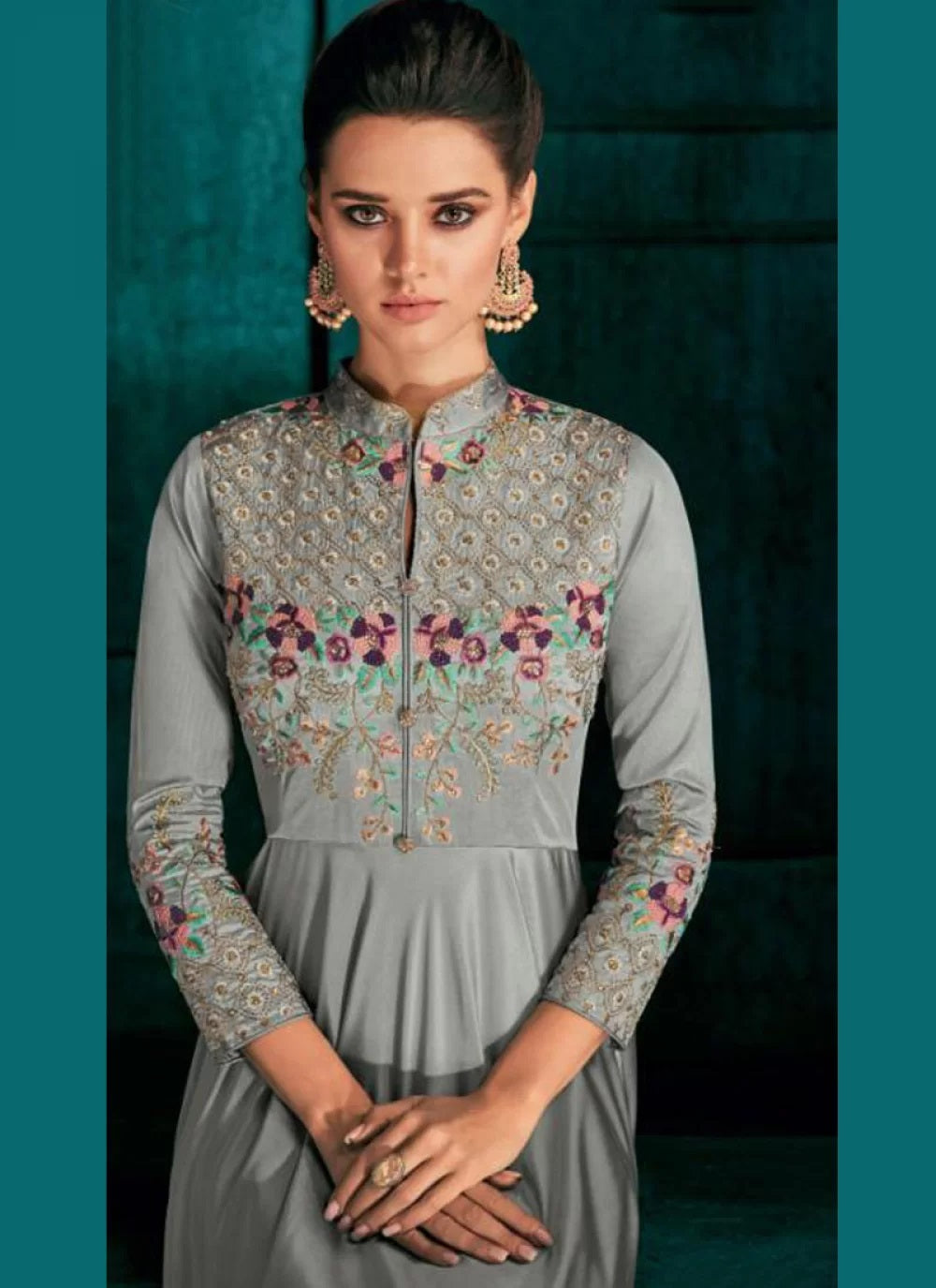 Grey silk party wear gown for woman