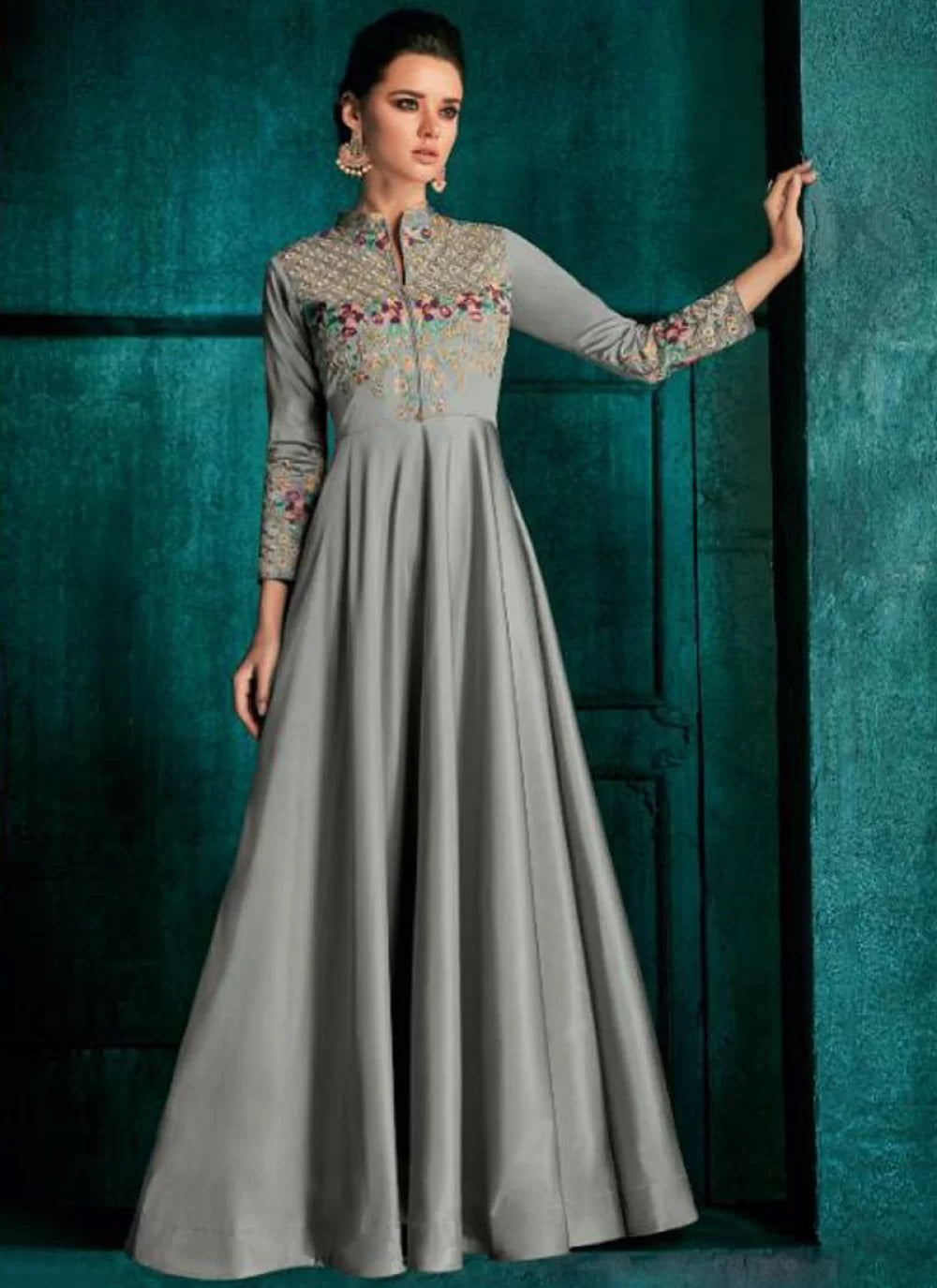 Grey silk party wear gown for woman