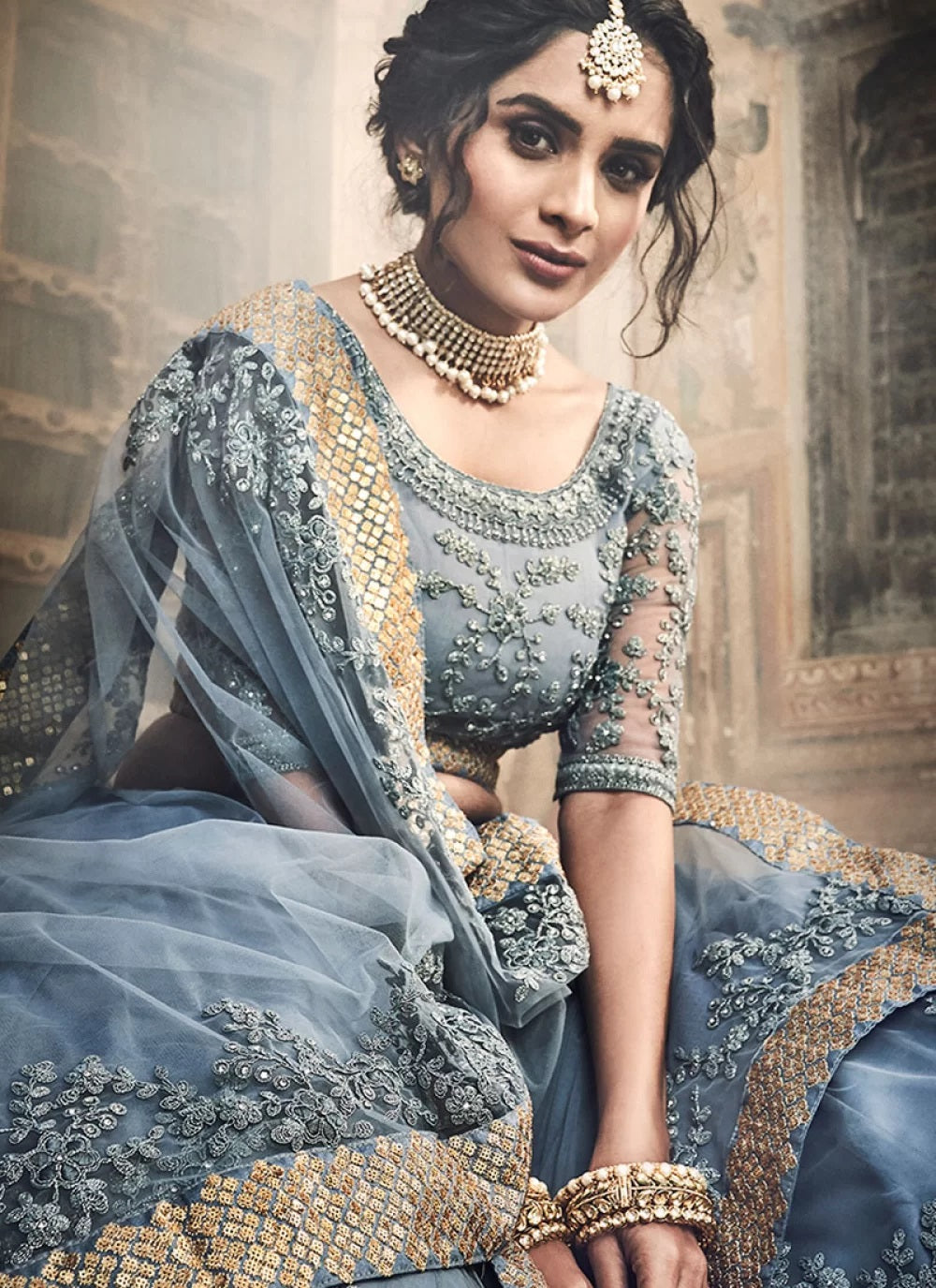 Grey soft net dori work reception lehenga