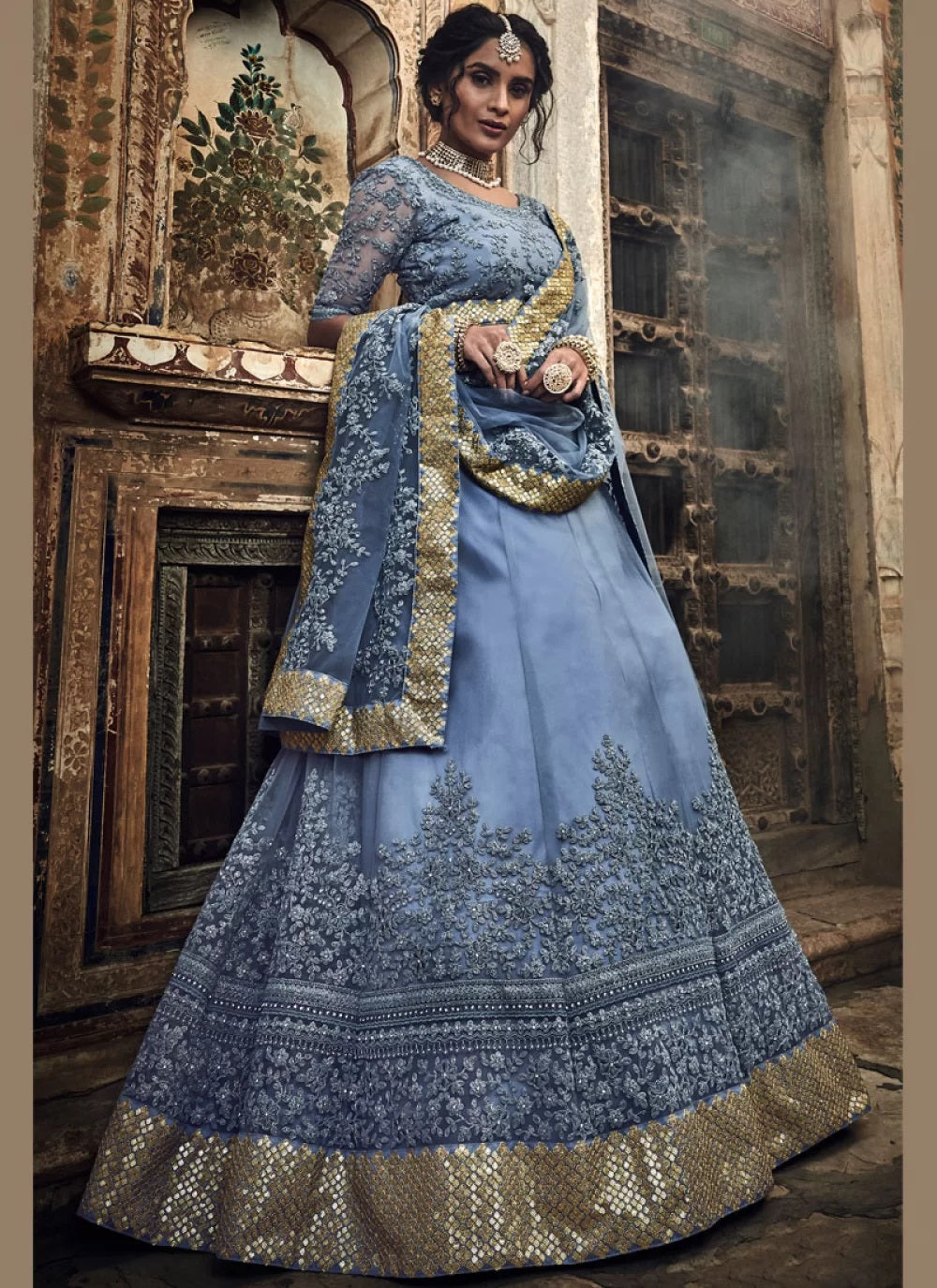 Grey soft net dori work reception lehenga