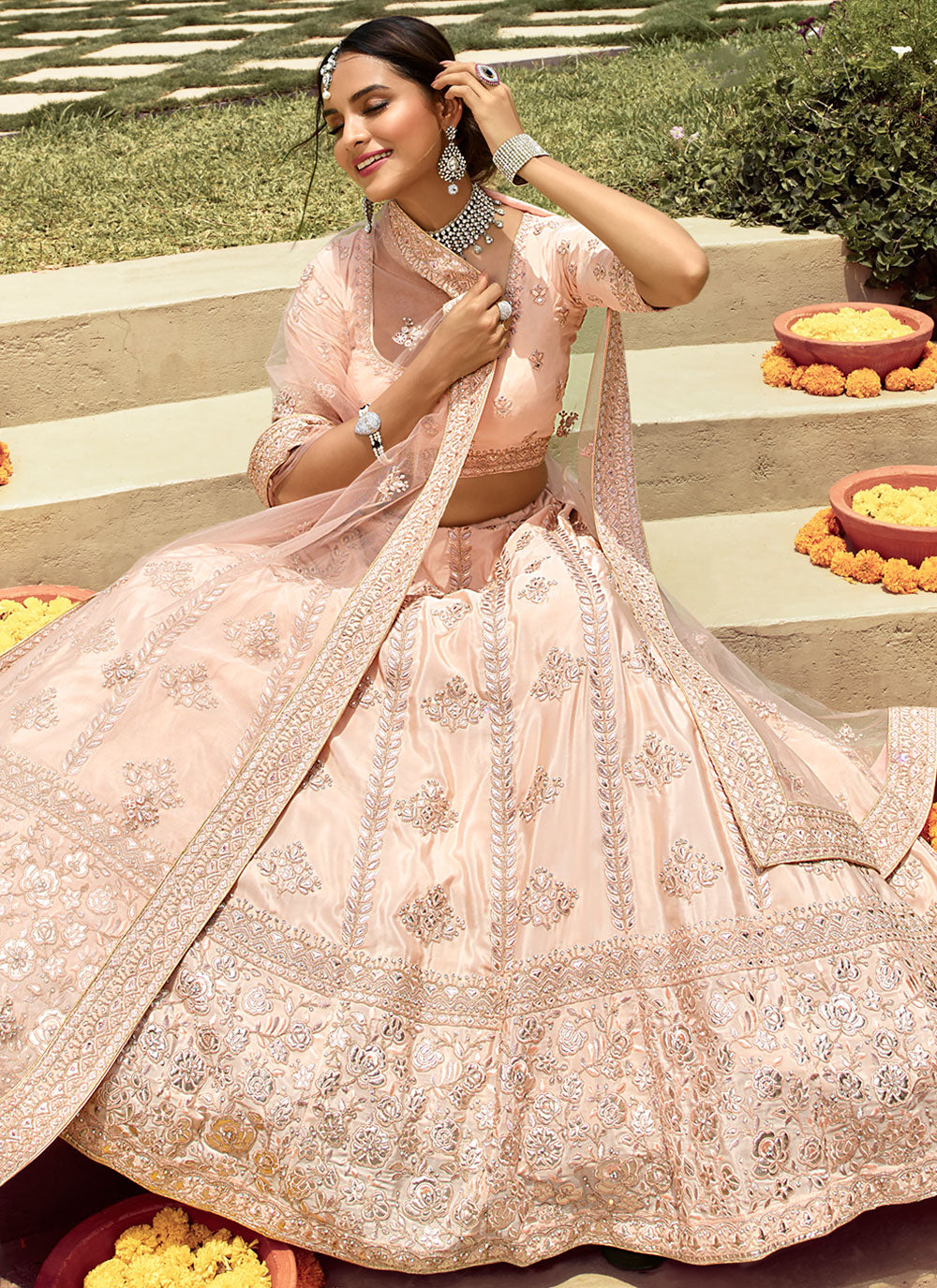 Beige Embroidered Crepe Semi Stitched Lehenga